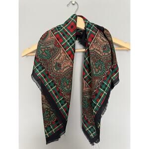 Gim Renoir Paisley Plaid Scarf Red Green Black Fringe Boho Classic